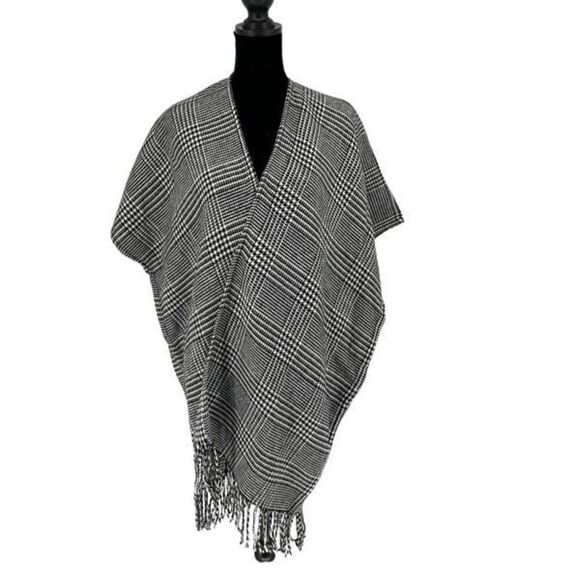LOFT Womens Houndstooth Fringe Poncho Kimono Wrap Black & White XS NWT - Picture 2 of 10
